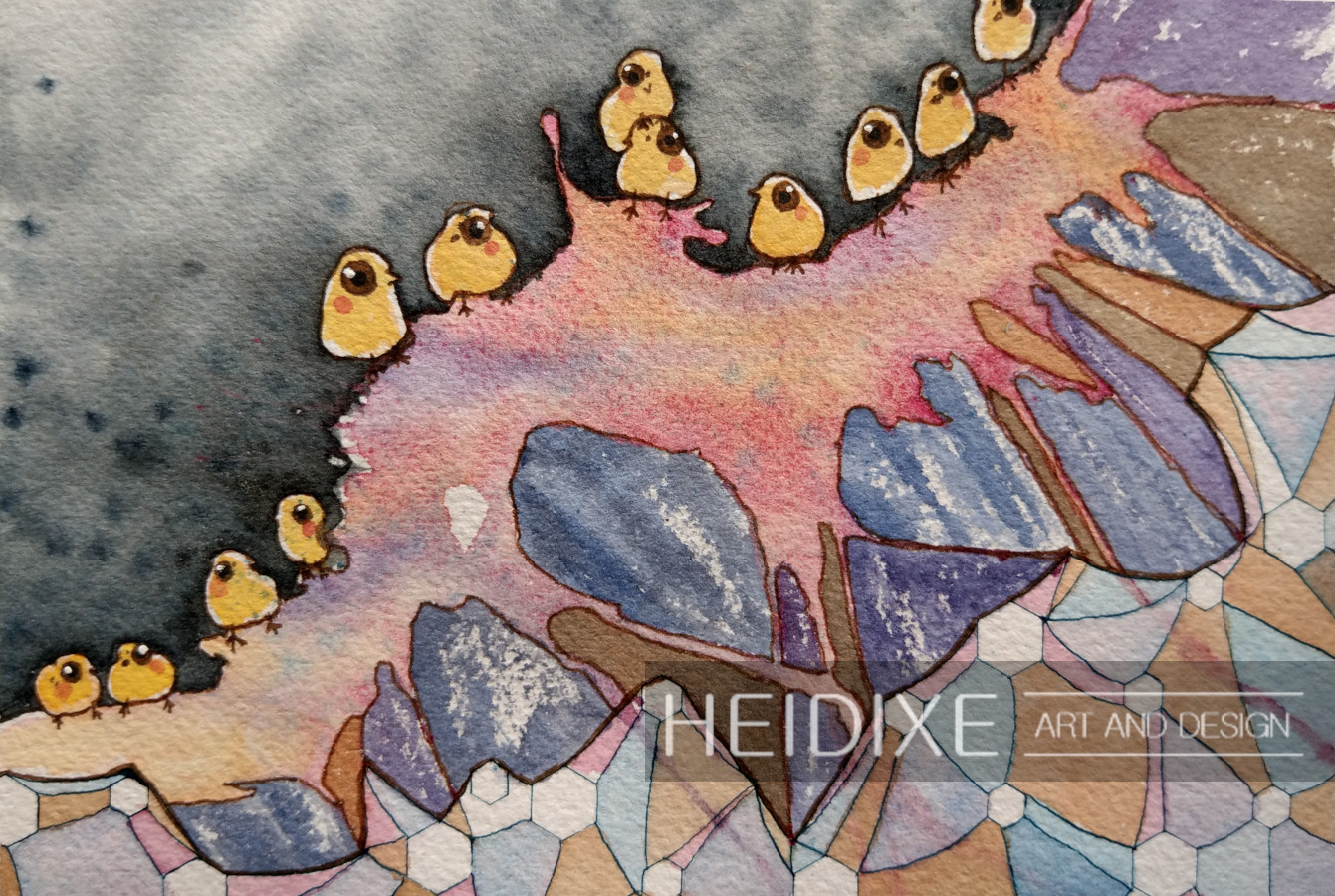 Yellow birds sitting in a row backdropped by vivid colours