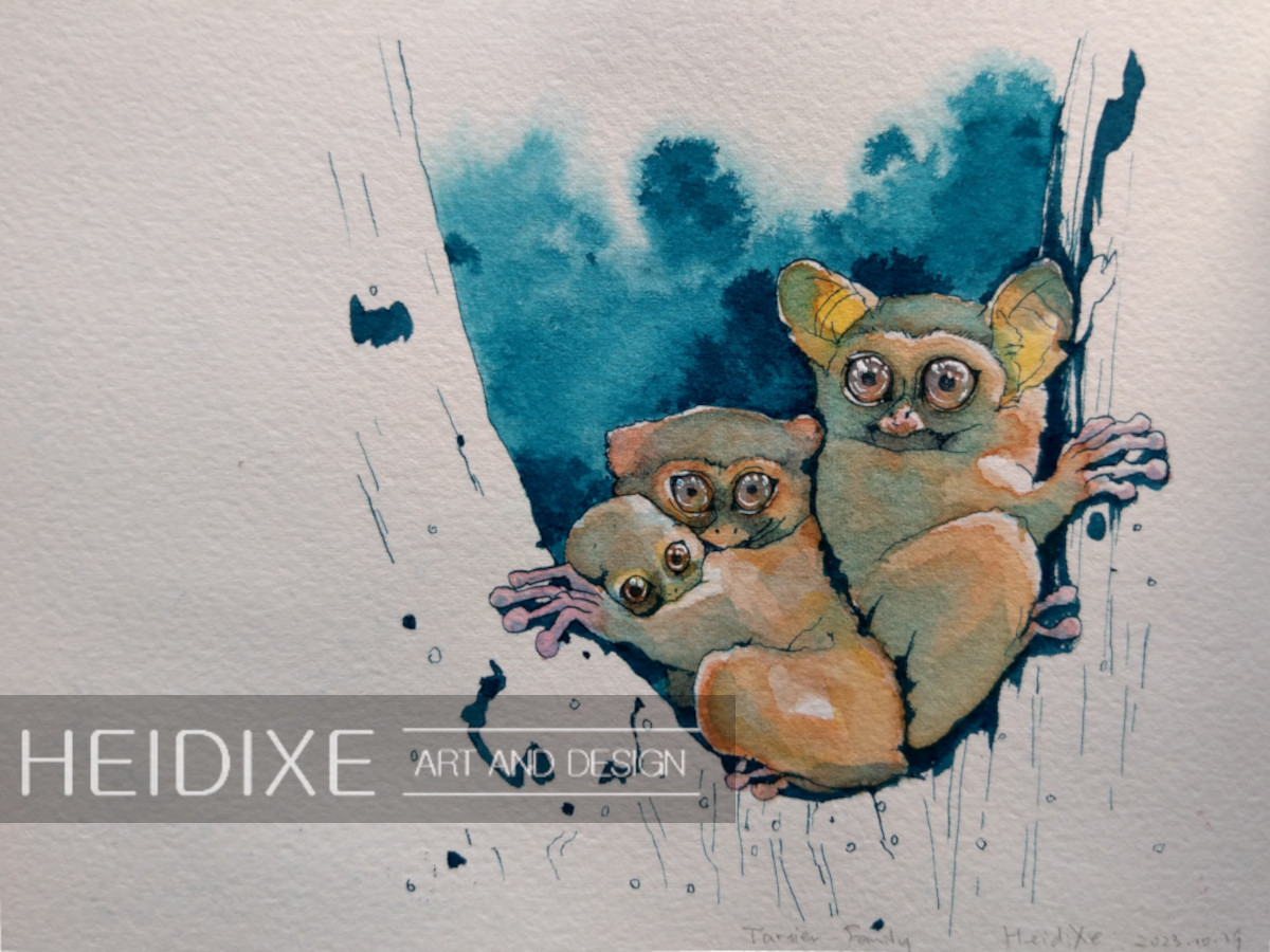 A family of three Tarsiers sitting in a tree at night