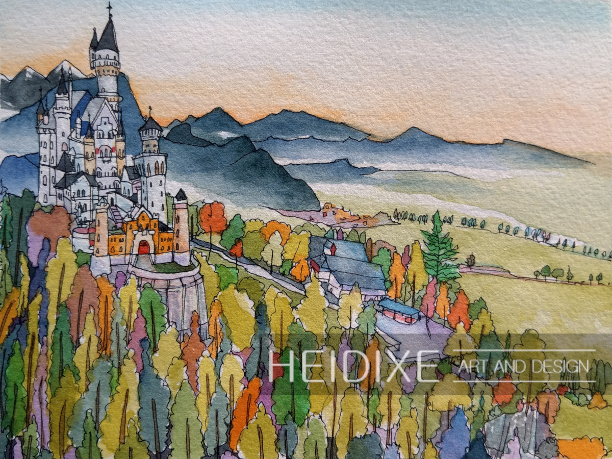 A fairytale castle sitting upon a hill in a colourful forest with a small village below it