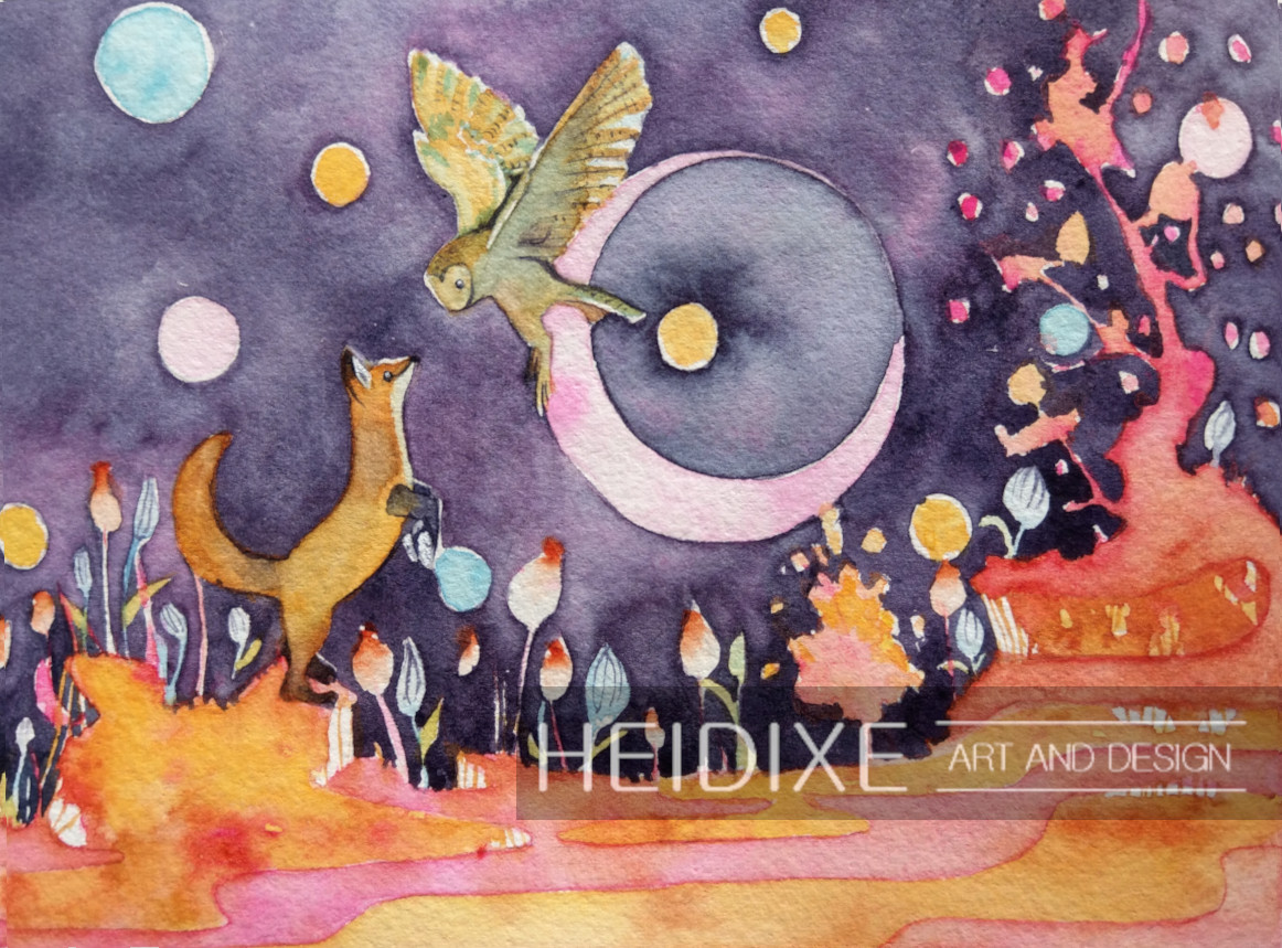A fox an an owl meet in a nighttime landscape surrounded by flowers and stars