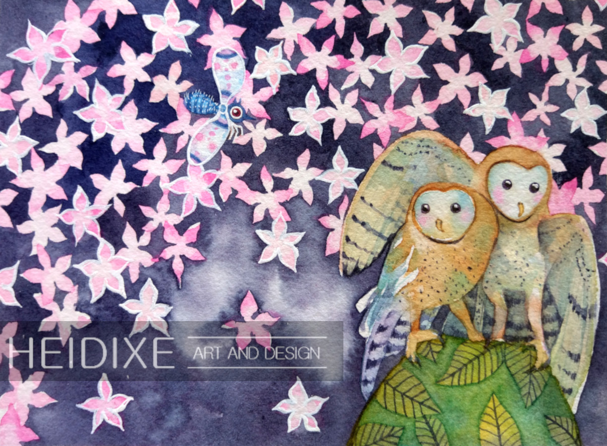 Owls perched among a backdrop of flowers that give the illusion of stars