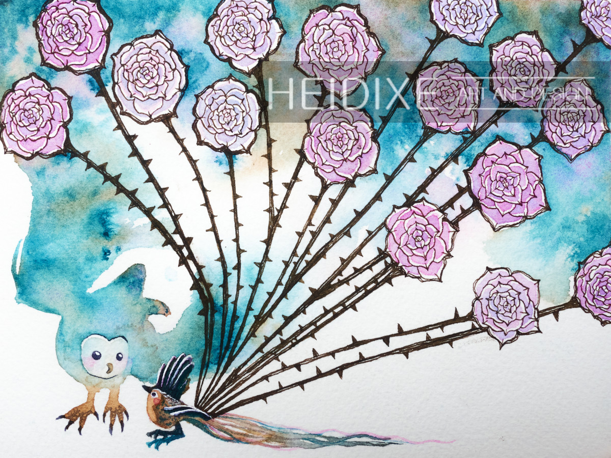 A bird with a beautiful plummage of roses in place of tail feathers