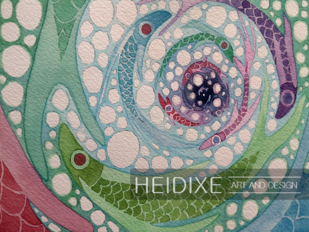 A few colorful fish intertwining their bodies forming the shape of a cirlce