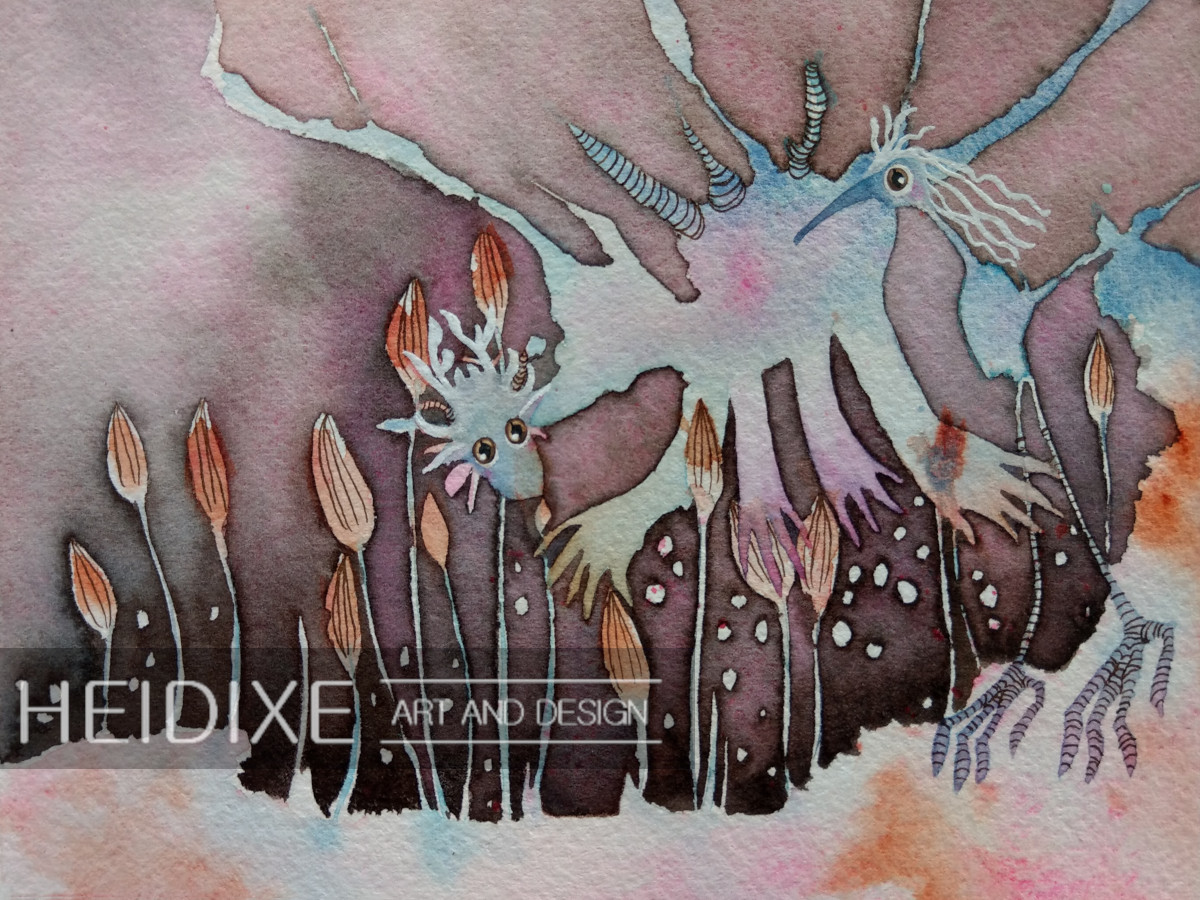 A mystical seadragon-like creature moving throught a fantasy landscape