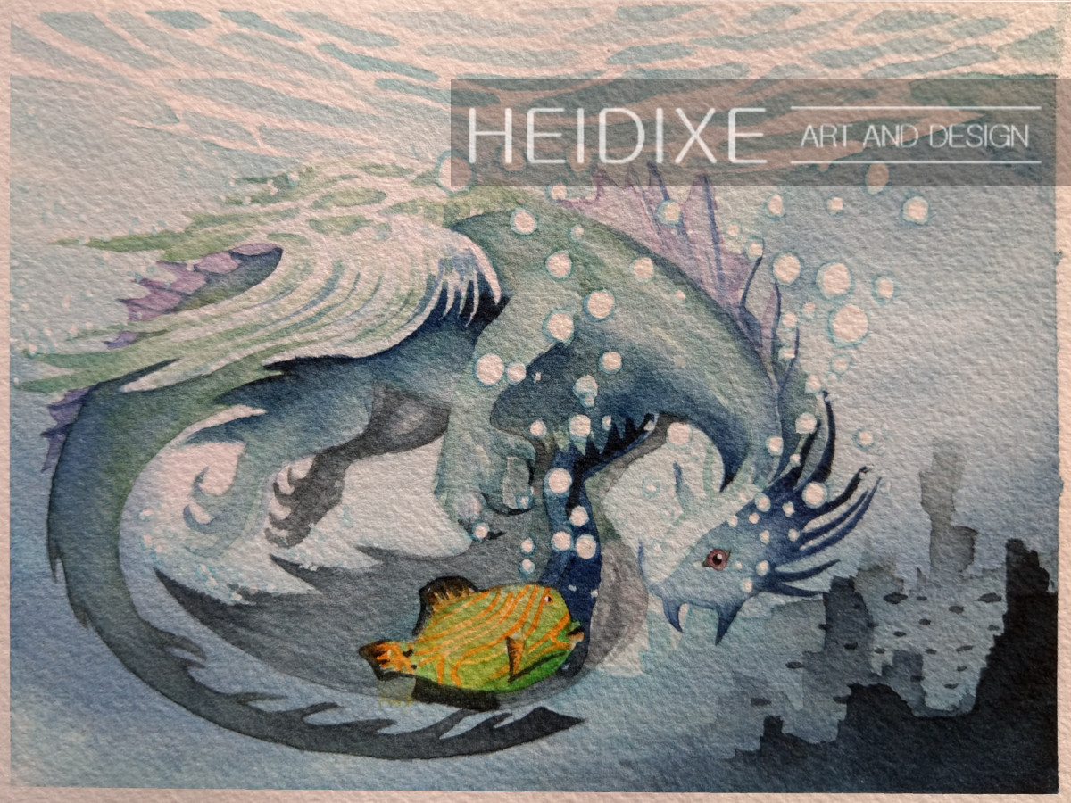 A grey dragon is swimming underwater accompanied by a yellow fish friend