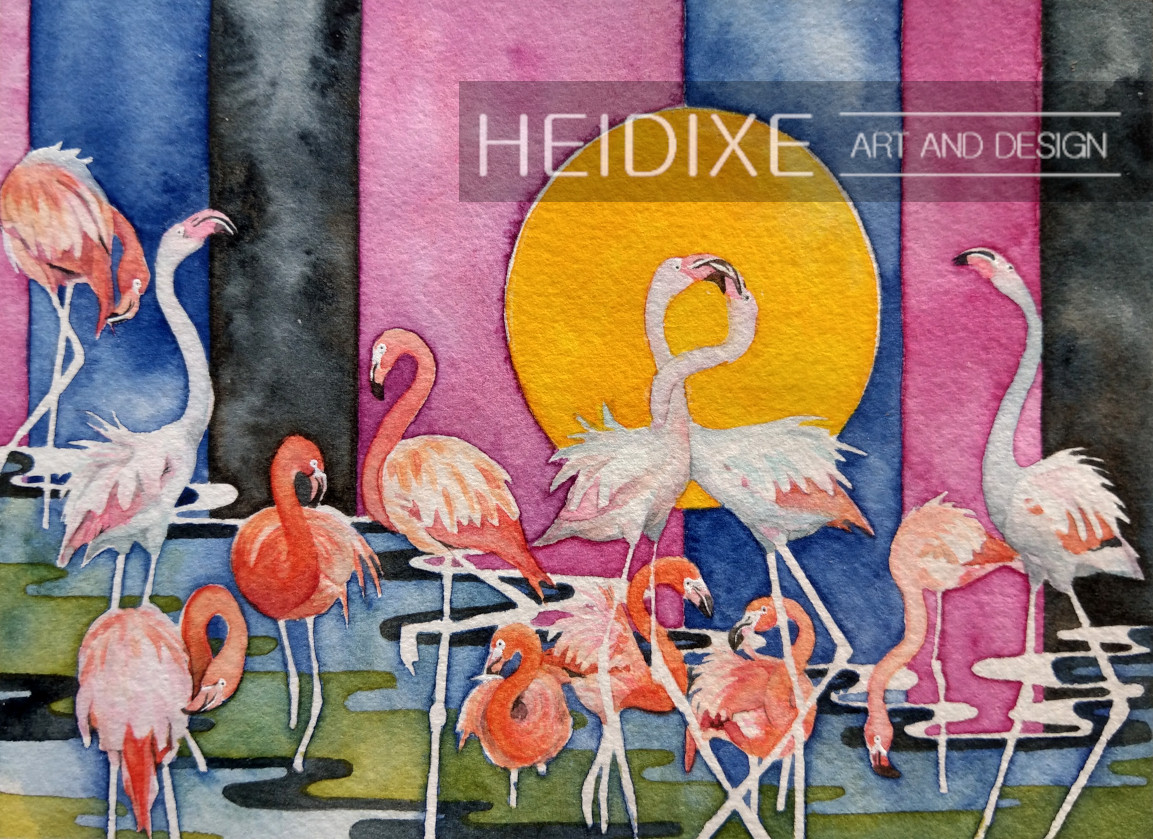 A flock of flamingos is set against complementary colors as they dance and intertwine during the sunset