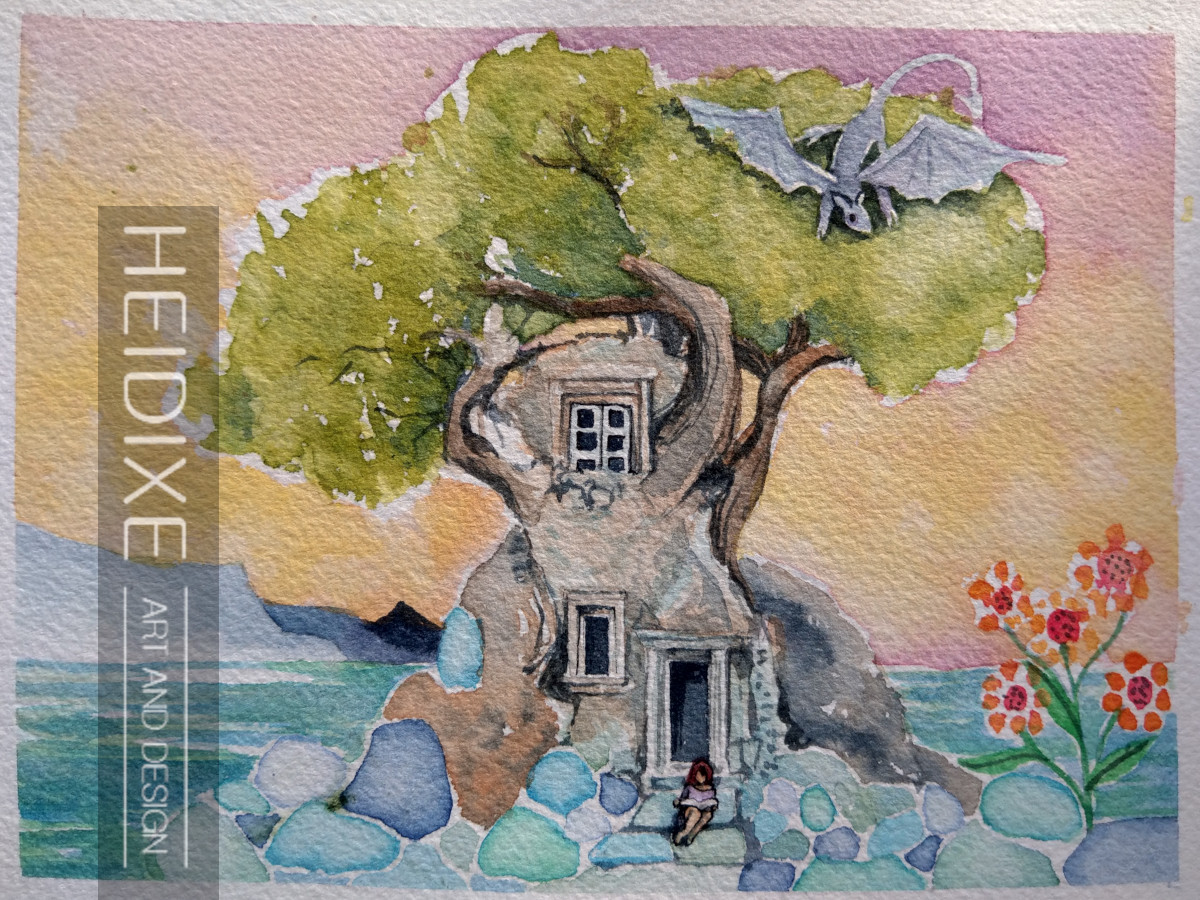 A treehouse is backdropped by the sunset colors of orange and purple, with a grey dragon perched on top and a girl sketching at the foot of the treehouse door